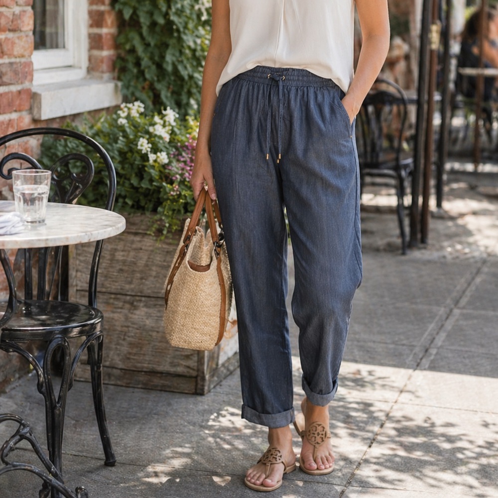 Ellen Tracy Chambray Blue Drawstring Cuffed Ankle Pants Coastal Preppy Soft S